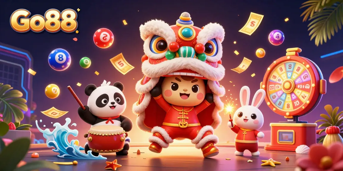 Engage with Go88's vibrant lottery scene featuring animated characters and dynamic game elements.