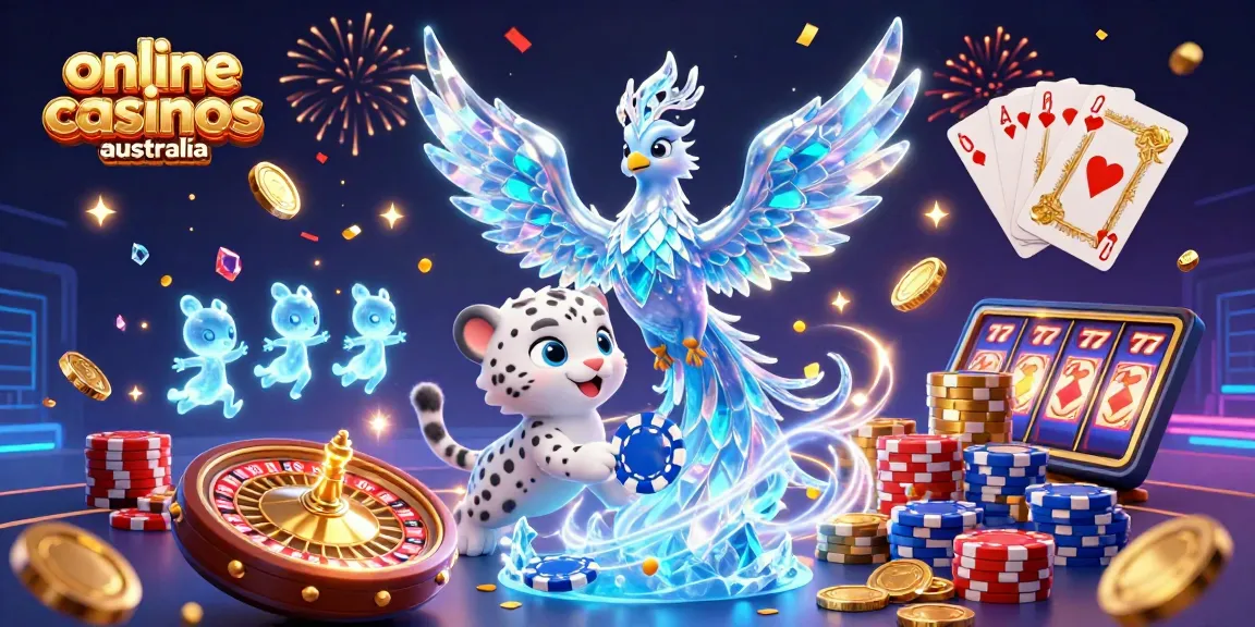 Experience the thrill of online casinos Australia with a vibrant 3D illustration of a phoenix, snow leopard cub, and ice sprites.