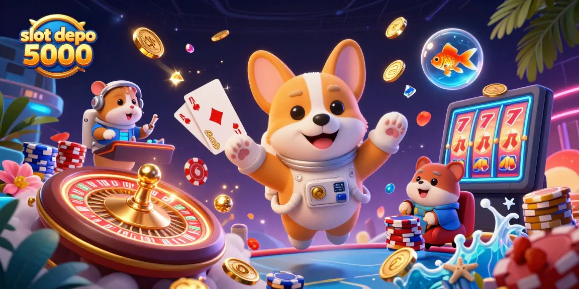 Experience the excitement of slot depo 5000 with a vibrant 3D scene featuring playful characters and casino elements.